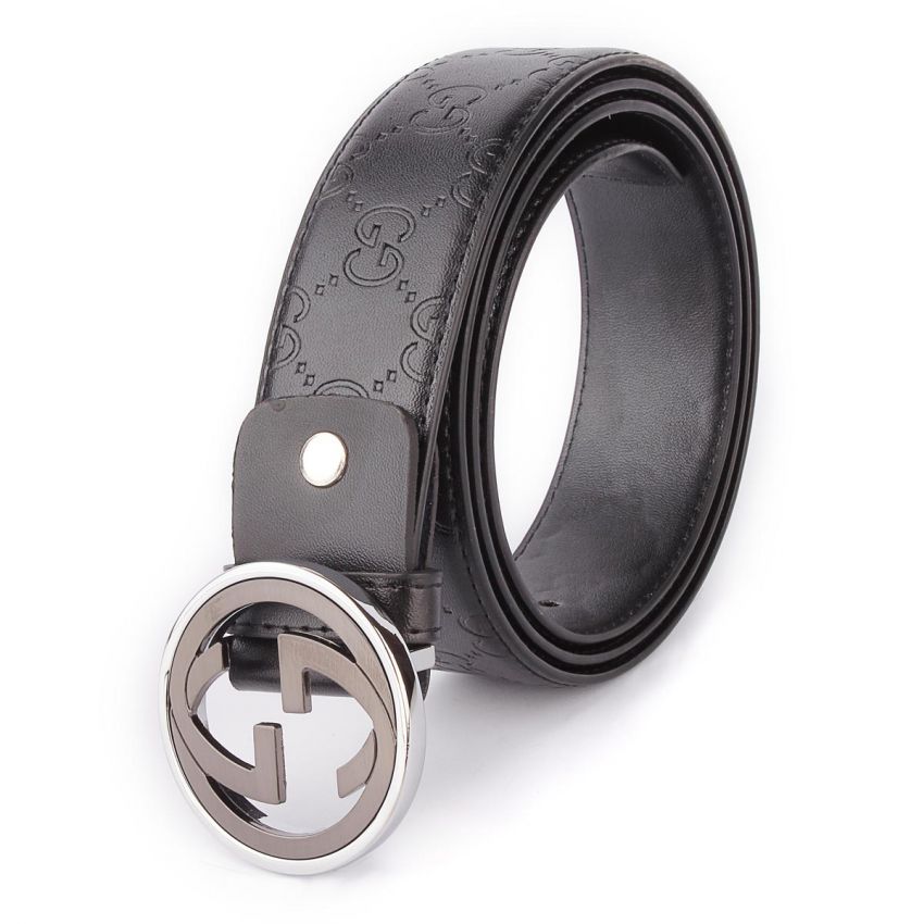 Sliver Ringed Gg Interlocking Buckle Embossed Gg Black Belt